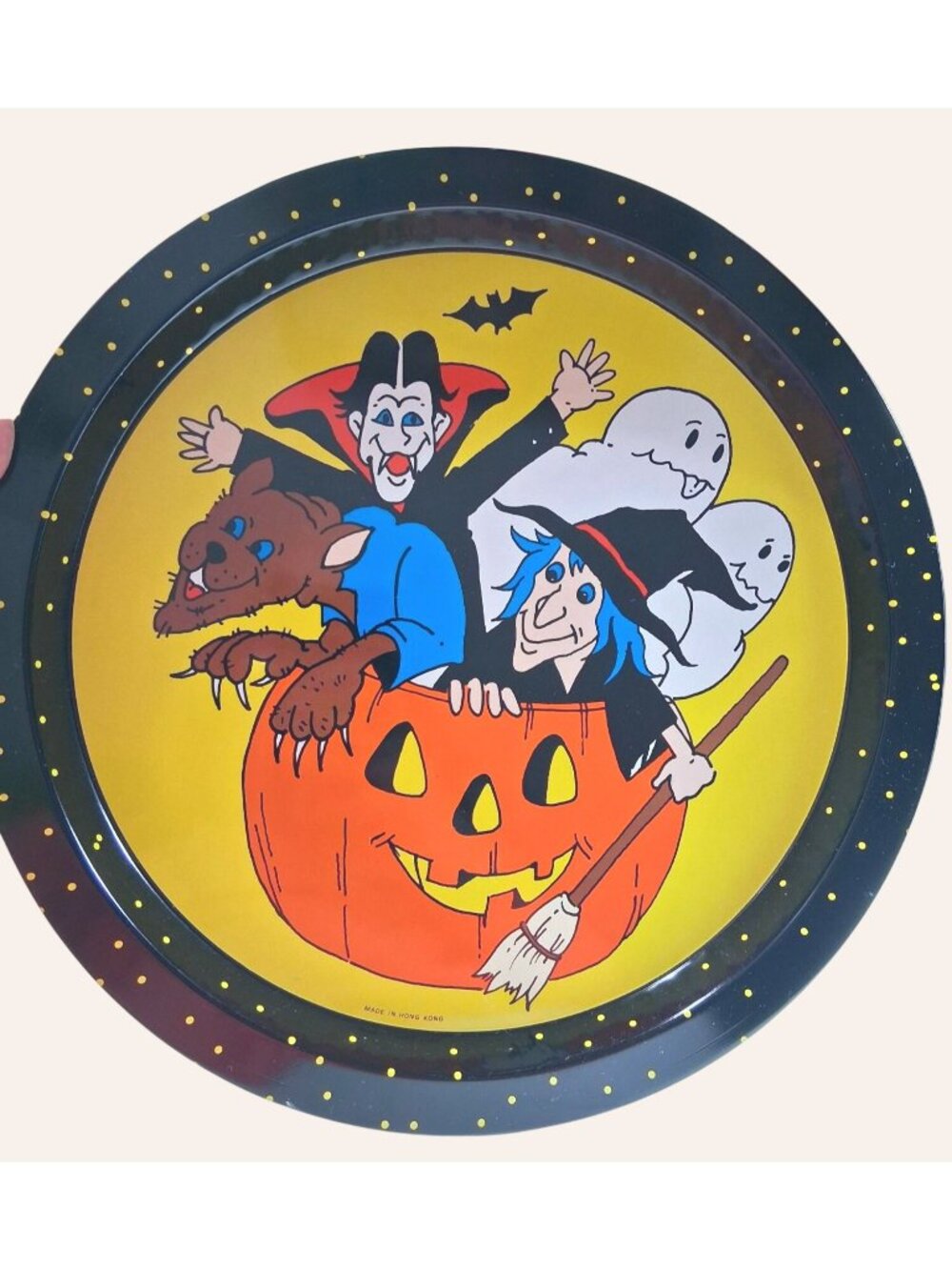 Vintage Halloween Metal Tray With Pumpkin Witch Vampire Ghost & Werewolf 13" Rou